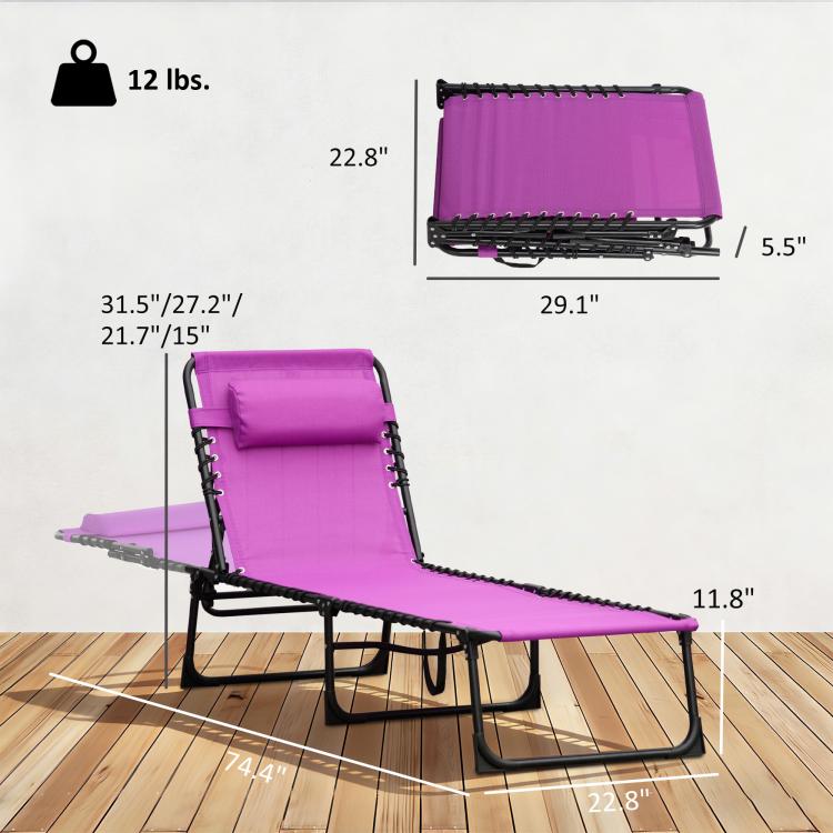 Purple folding chaise lounge chair with dimensions and 12 lbs weight shown