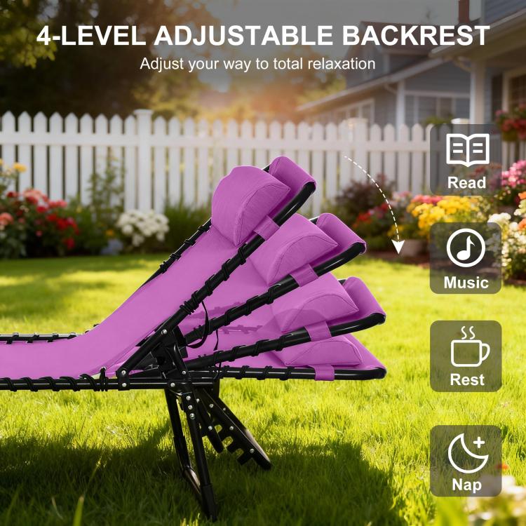 Purple 4-level adjustable backrest folding chaise lounge chair with pillow