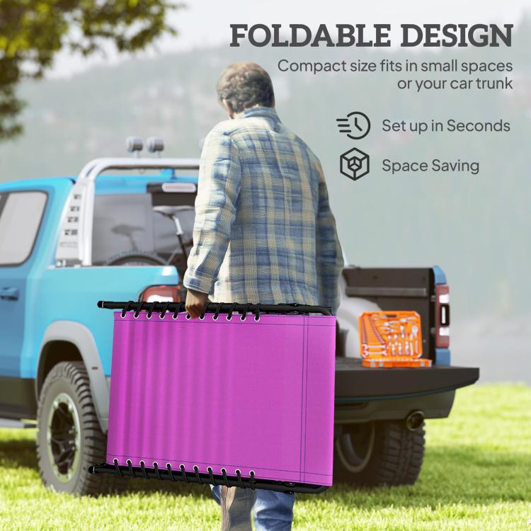 Purple folded chaise lounge chair with compact storage frame