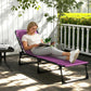 Purple folding chaise lounge chair with pillow; person reading while reclined