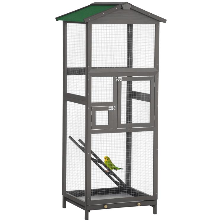 Grey wooden bird cage aviary house with green roof, two doors, and internal perch