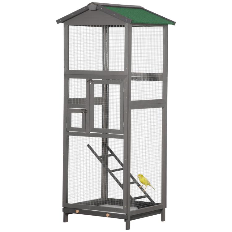 Grey wooden outdoor aviary bird cage with green roof, side view, and interior ladder