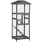 Grey outdoor bird aviary with green roof, front double doors, wire mesh panels
