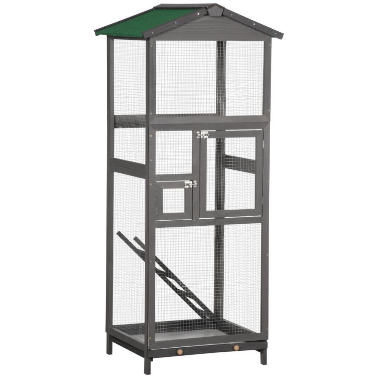 Grey outdoor bird aviary with green roof, front double doors, wire mesh panels
