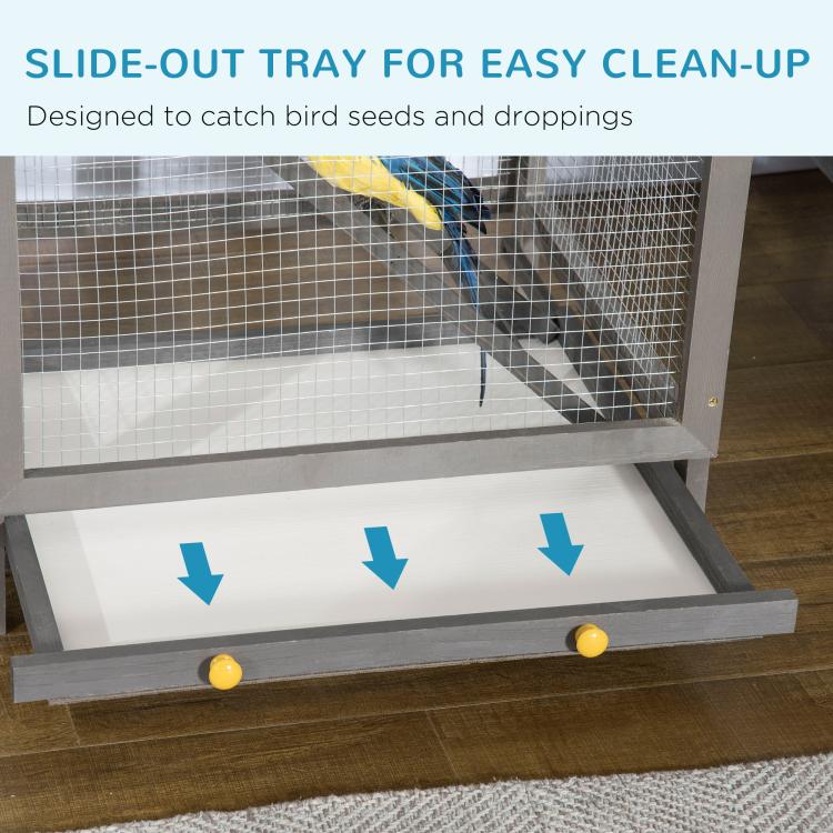 Slide-out tray for grey bird cage aviary, with wire enclosure and perches