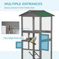 Grey wooden bird aviary cage with green roof and two large front door openings