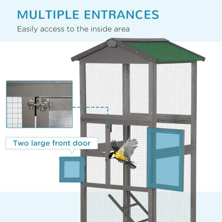 Grey wooden bird aviary cage with green roof and two large front door openings
