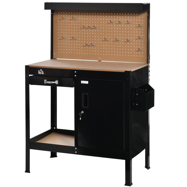 Black multipurpose workbench with tan pegboard, drawer, and side storage compartment