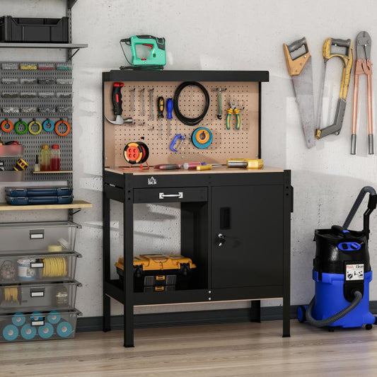 Black tool workbench with tan pegboard, drawer, and enclosed storage cabinet