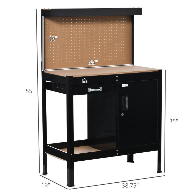 Black workbench with tan pegboard and lockable cabinet, featuring slide drawer