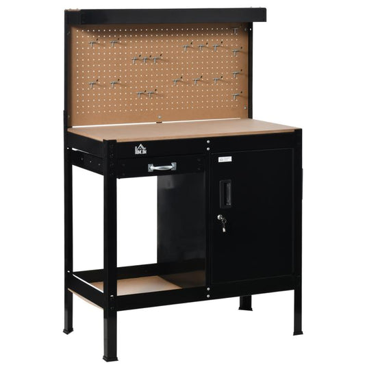 Black multipurpose workbench with tan pegboard, slide drawer, and lockable storage cabinet