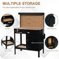 Black workbench showing multiple storage: slide drawer, open shelf, side box, and cabinet