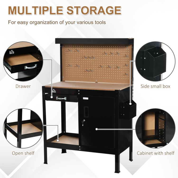 Black workbench showing multiple storage: slide drawer, open shelf, side box, and cabinet