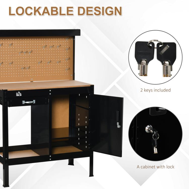 Black lockable workbench cabinet with keys, plus tan pegboard above