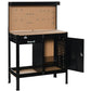 Black multipurpose workbench with open cabinet door, slide drawer, and tan pegboard