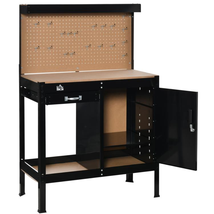 Black multipurpose workbench with open cabinet door, slide drawer, and tan pegboard
