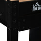 Black metal workbench corner panel and leg detail with perforated holes