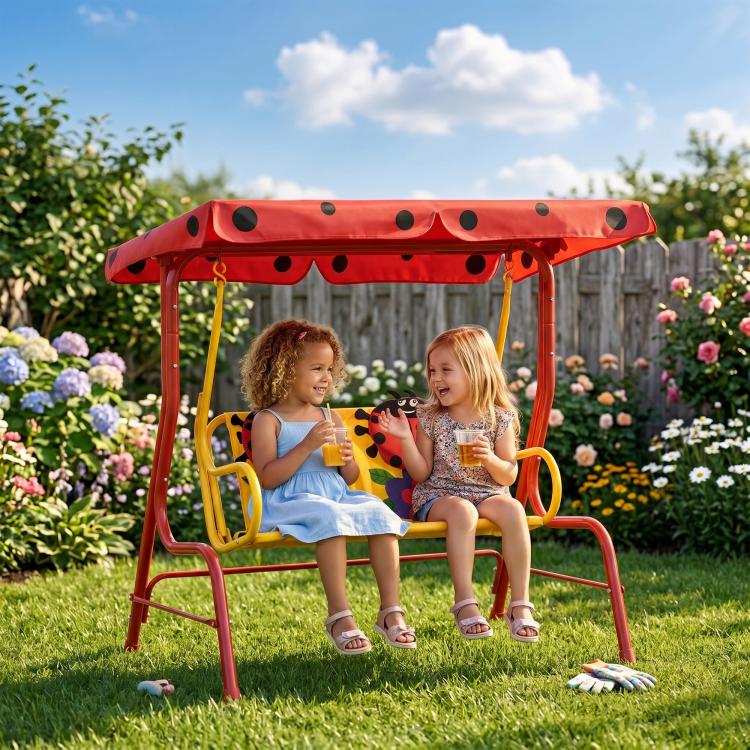 Red 2-seat kids swing chair with ladybug seat design and covered canopy, outdoor yard use