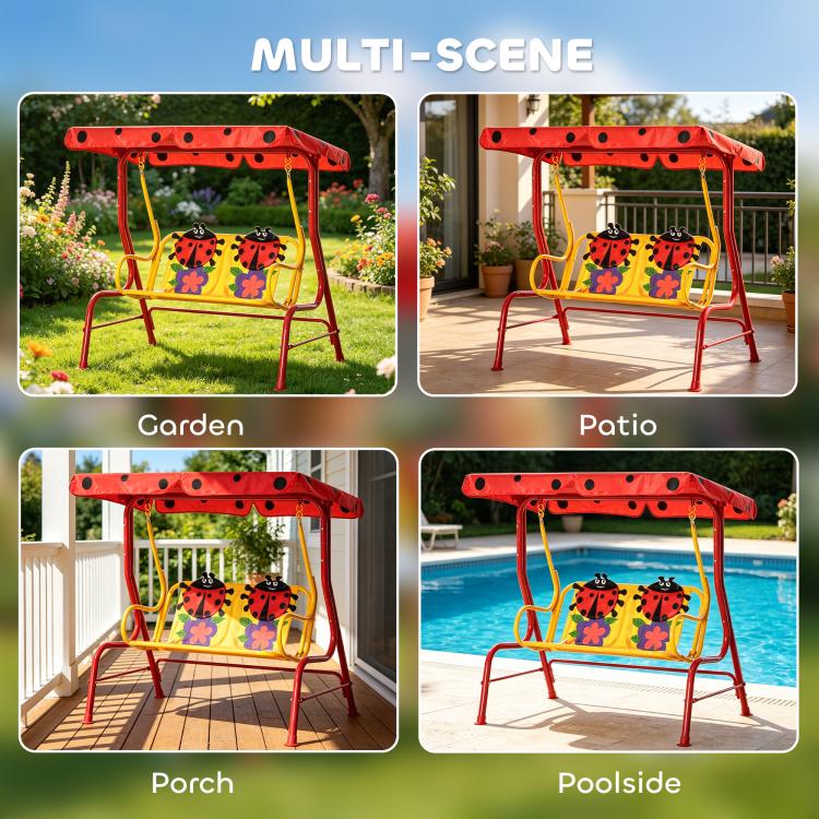 Red 2-seat kids patio swing shown in multiple outdoor locations, ladybug canopy seats