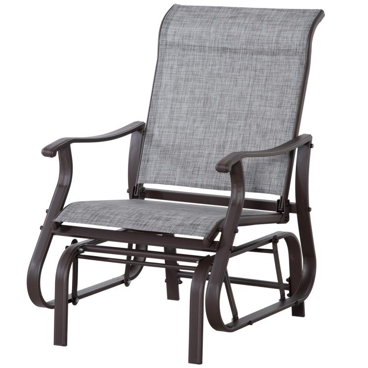 Gray mesh outdoor glider chair with curved armrests and dark steel rocking base