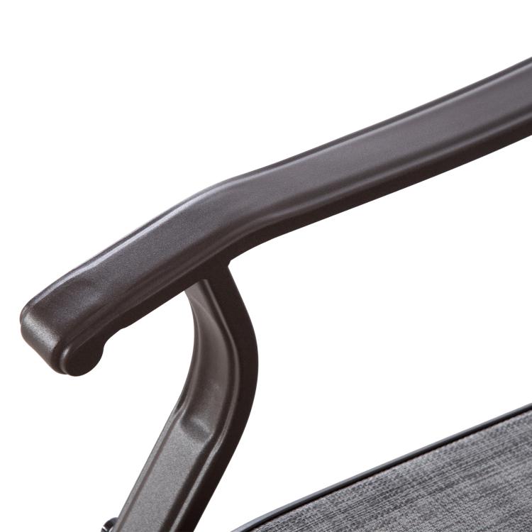Gray outdoor glider chair armrest and curved steel frame detail