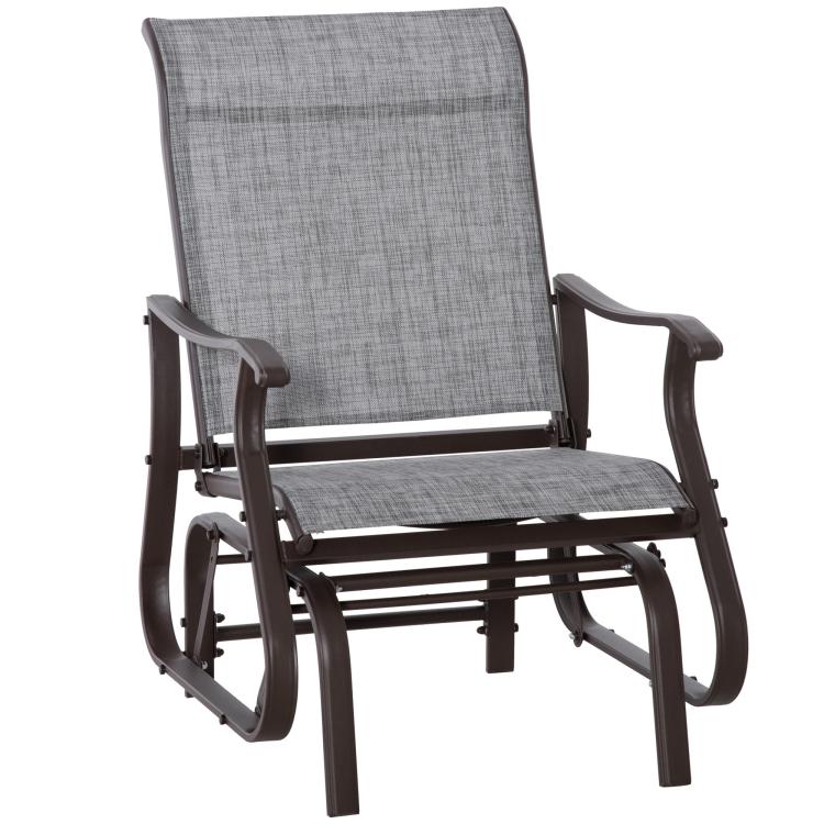 Gray mesh outdoor glider chair with steel frame and rocking base