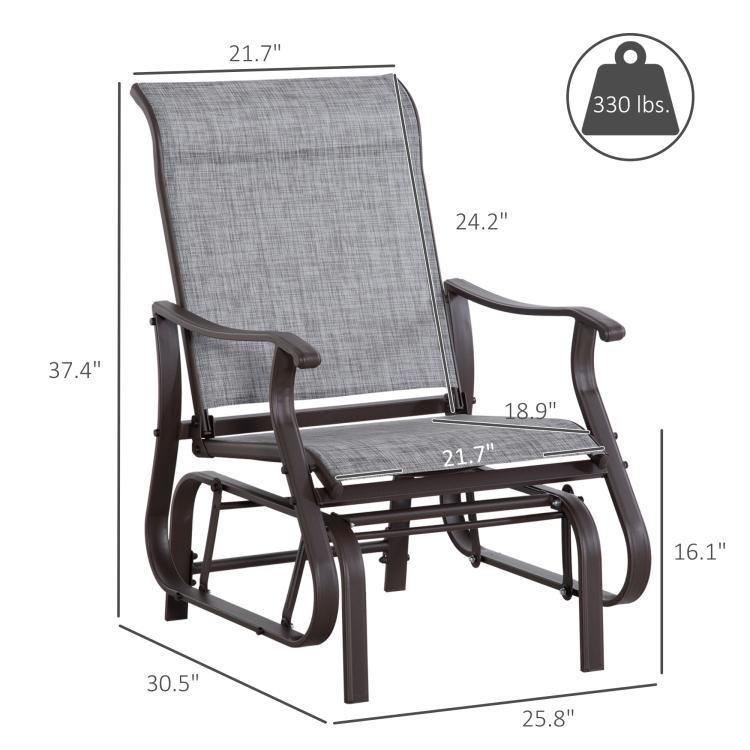 Gray mesh glider chair with curved arms and dark frame, front view
