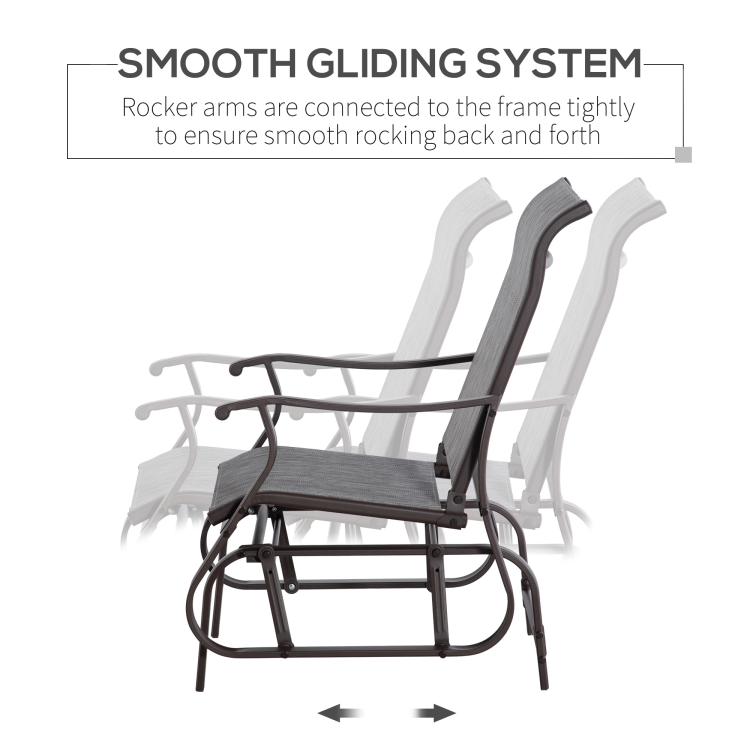 Gray mesh glider chair showing smooth gliding rocking base and curved arms