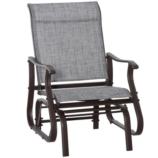 Gray outdoor glider chair with tall backrest, curved arms, and mesh fabric seat