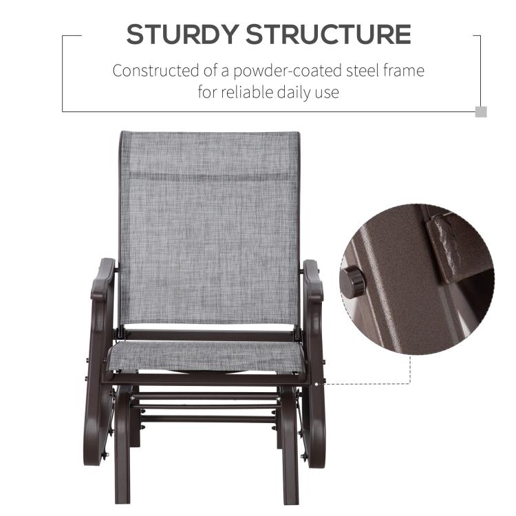 Gray mesh glider chair frame with sturdy base and close-up detail of joints