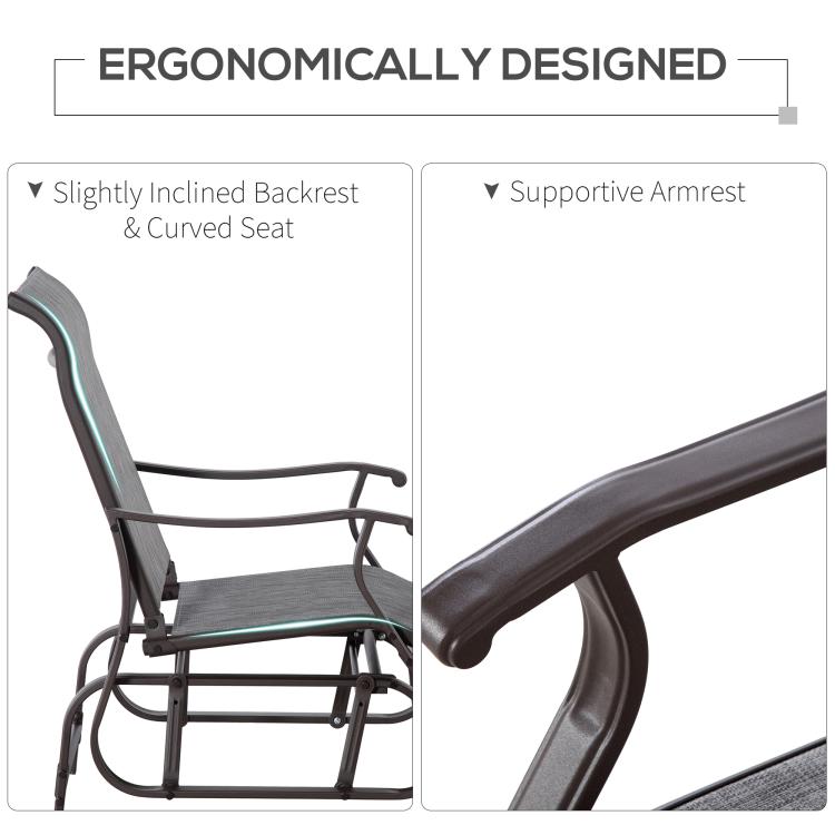 Gray glider chair with supportive armrests and slightly inclined backrest