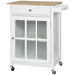 White rolling kitchen island cart with wood top, drawer, glass cabinet door, and wheels
