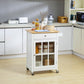 White kitchen island cart with drawer and glass door cabinet, wooden top and storage