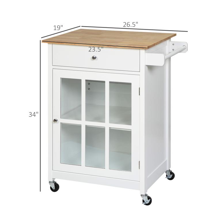 White rolling kitchen island cart with glass door cabinet and drawer, wooden top, 27 in