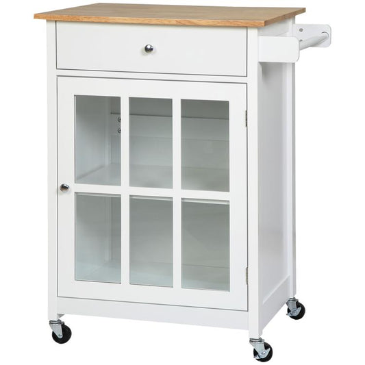White rolling kitchen island cart with drawer, glass door cabinet, wooden countertop