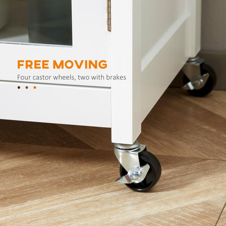 White cart with caster wheel base, one wheel with brake for stability