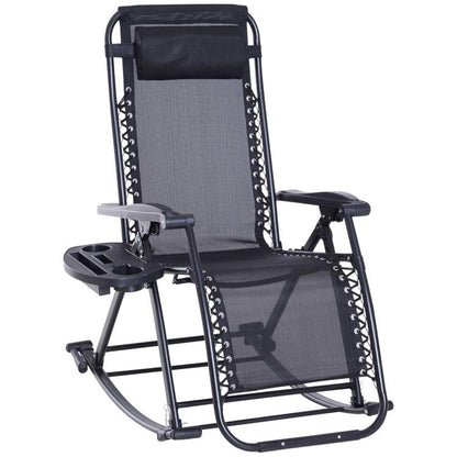 Foldable zero-gravity rocking lounge chair with gray seat, black frame, pillow, cup holder tray