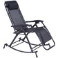 Foldable zero-gravity rocking lounge chair with reclined gray fabric, black frame, side tray
