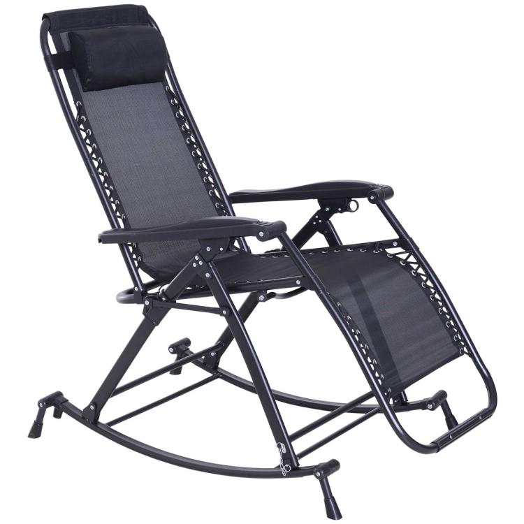 Foldable zero-gravity rocking lounge chair with reclined gray fabric, black frame, side tray