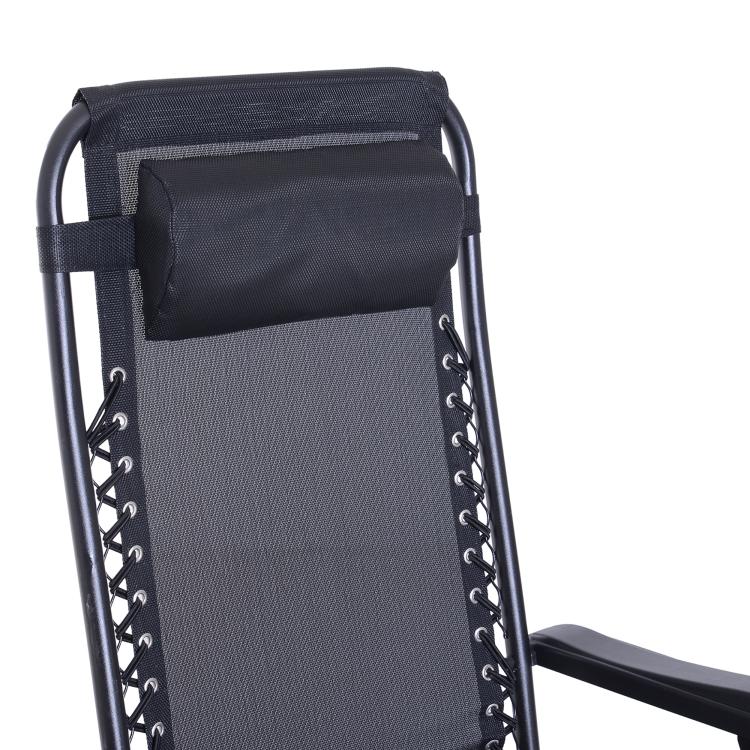 Black zero-gravity lounge chair with padded pillow and fabric back panel