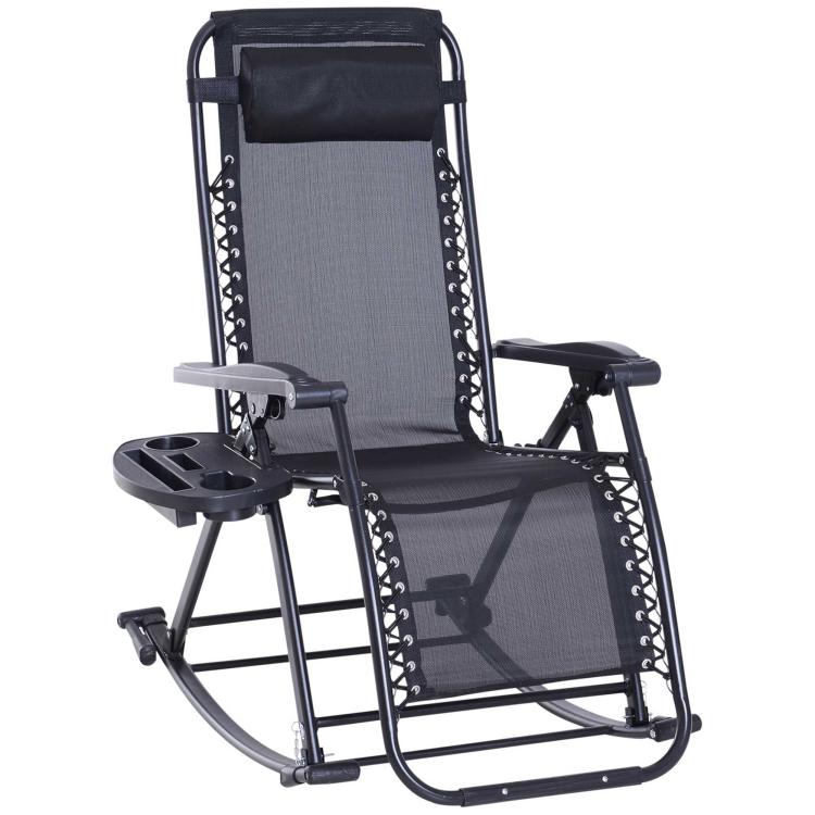 Black zero-gravity lounge rocking chair with cup & phone holder and padded pillow