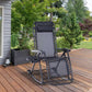 Foldable zero-gravity rocking lounge chair with gray seat and back, black frame, cup holder tray