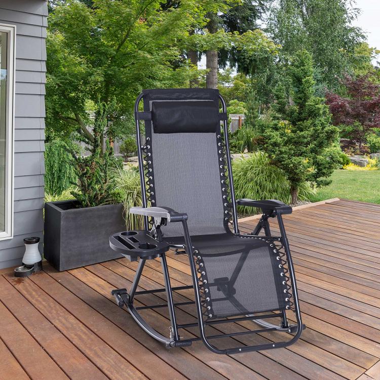 Foldable zero-gravity rocking lounge chair with gray seat and back, black frame, cup holder tray