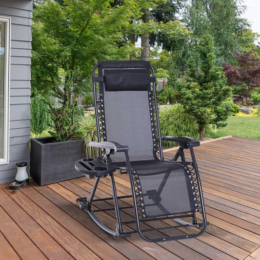 Foldable zero-gravity rocking lounge chair with gray seat and back, black frame, cup holder tray