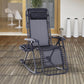 Foldable zero-gravity rocking lounge chair with gray seat cushion, black frame, side drink tray