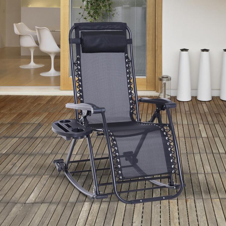 Foldable zero-gravity rocking lounge chair with gray seat cushion, black frame, side drink tray