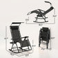 Foldable zero-gravity rocking lounge chair showing full size and folded views, black frame