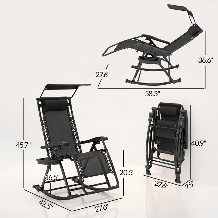 Foldable zero-gravity rocking lounge chair showing full size and folded views, black frame