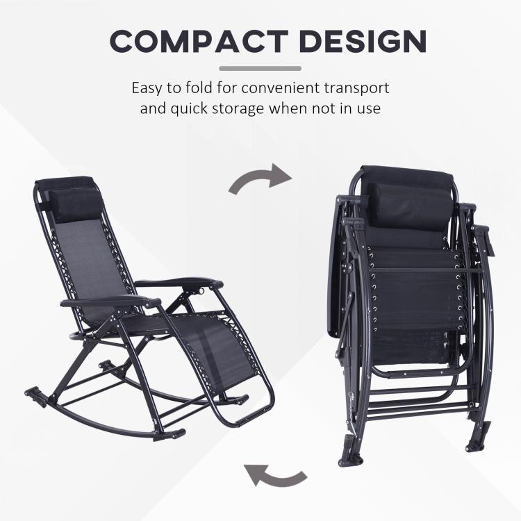 Foldable zero-gravity rocking lounge chair with pillow, gray mesh seat, black frame, compact design