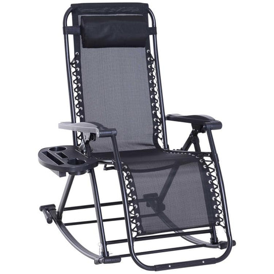 Foldable zero-gravity rocking lounge chair with gray seat, black frame, pillow, cup holder tray